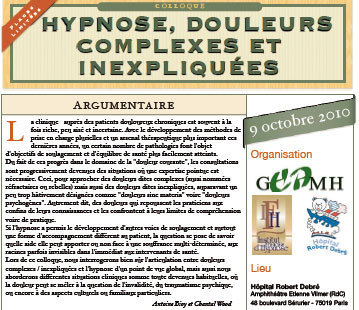 Formation Hypnose paris: Colloque Hypnose, Douleurs Complexes et Inexpliquées. 